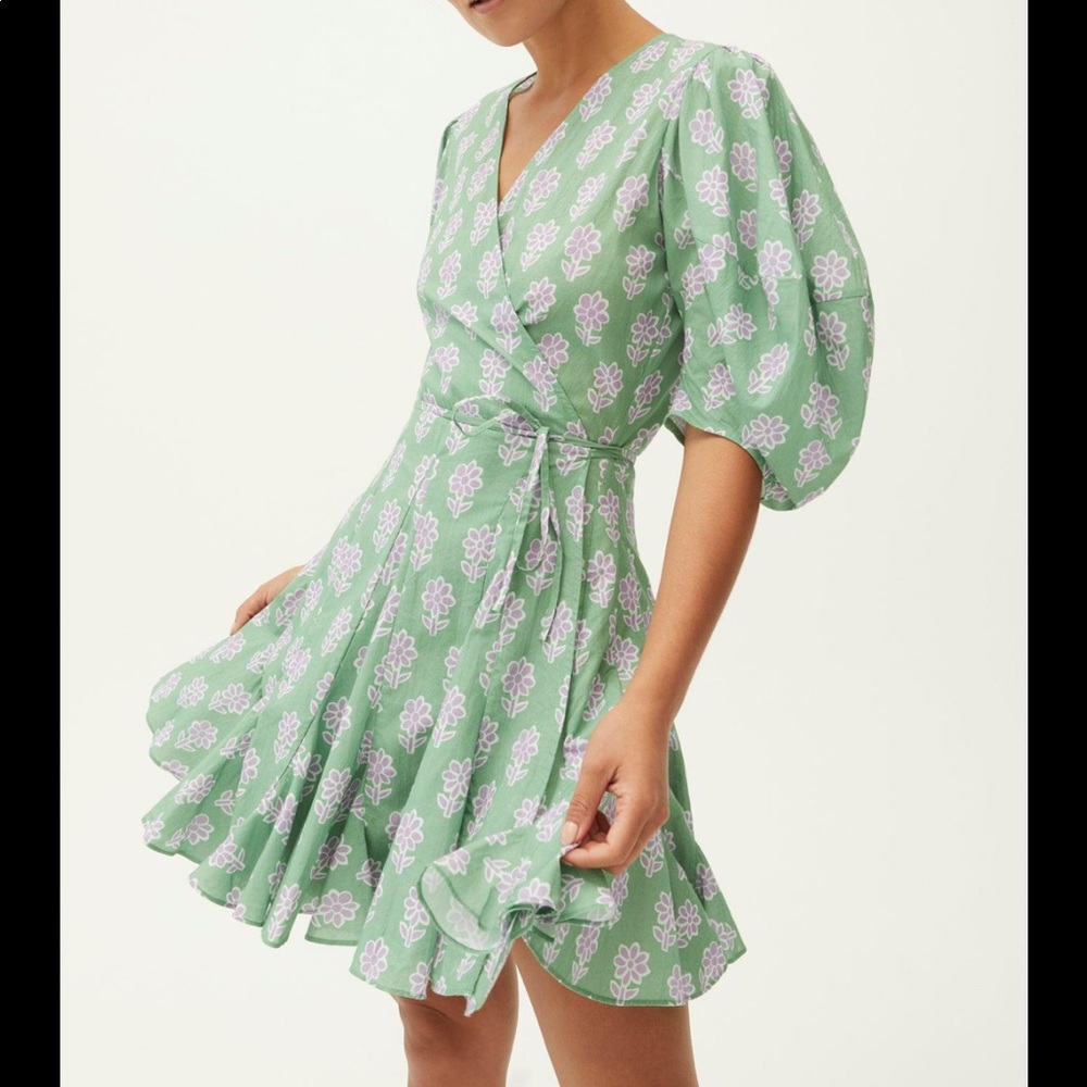 Rhode Claudine Dress medium wrap puff sleeve green purple floral
